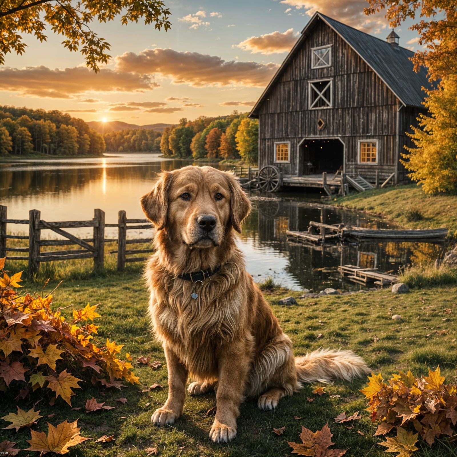 Golden Retriever at Vermont Barn Wedding at Sunset
