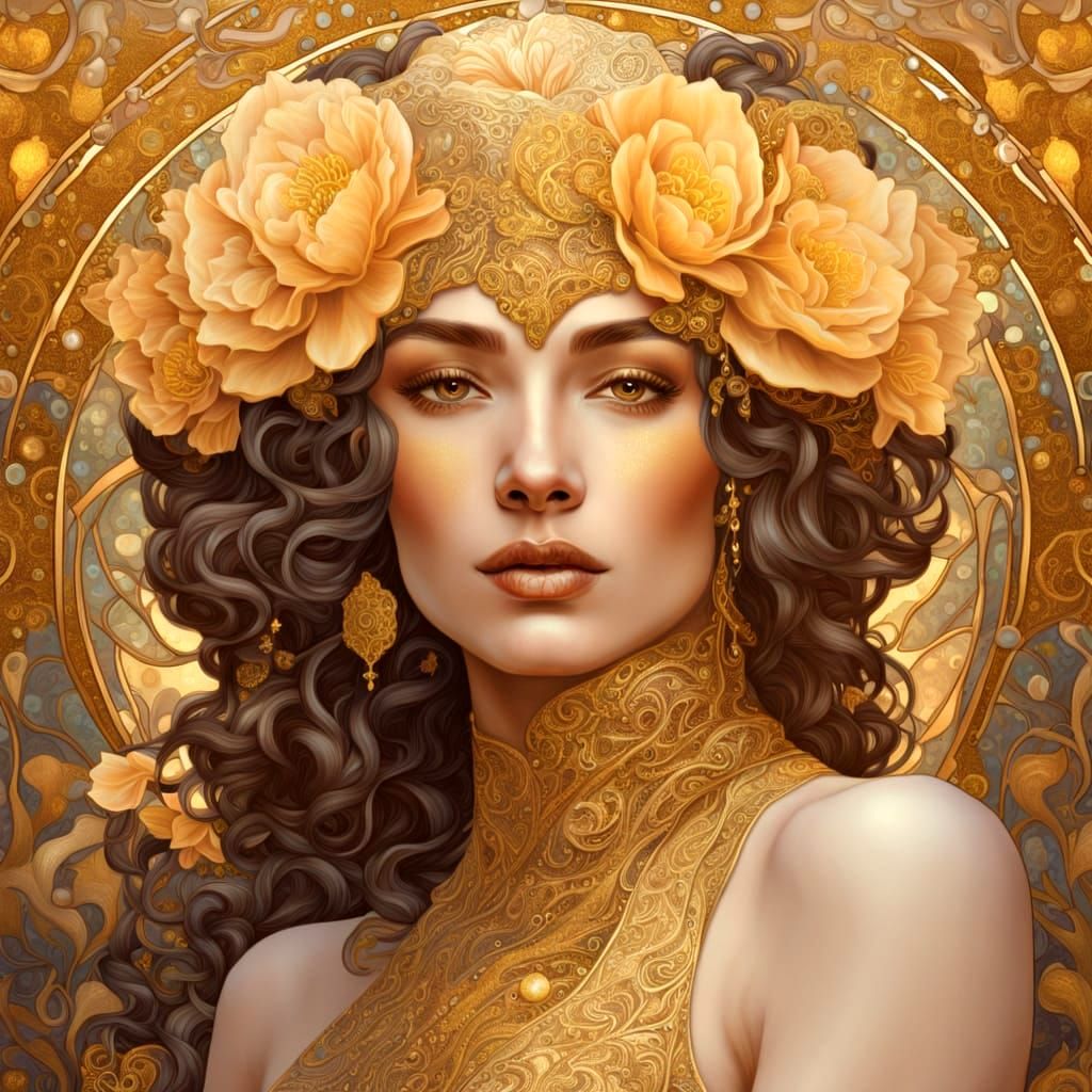 Art Nouveau Woman with Golden Floral Patterns