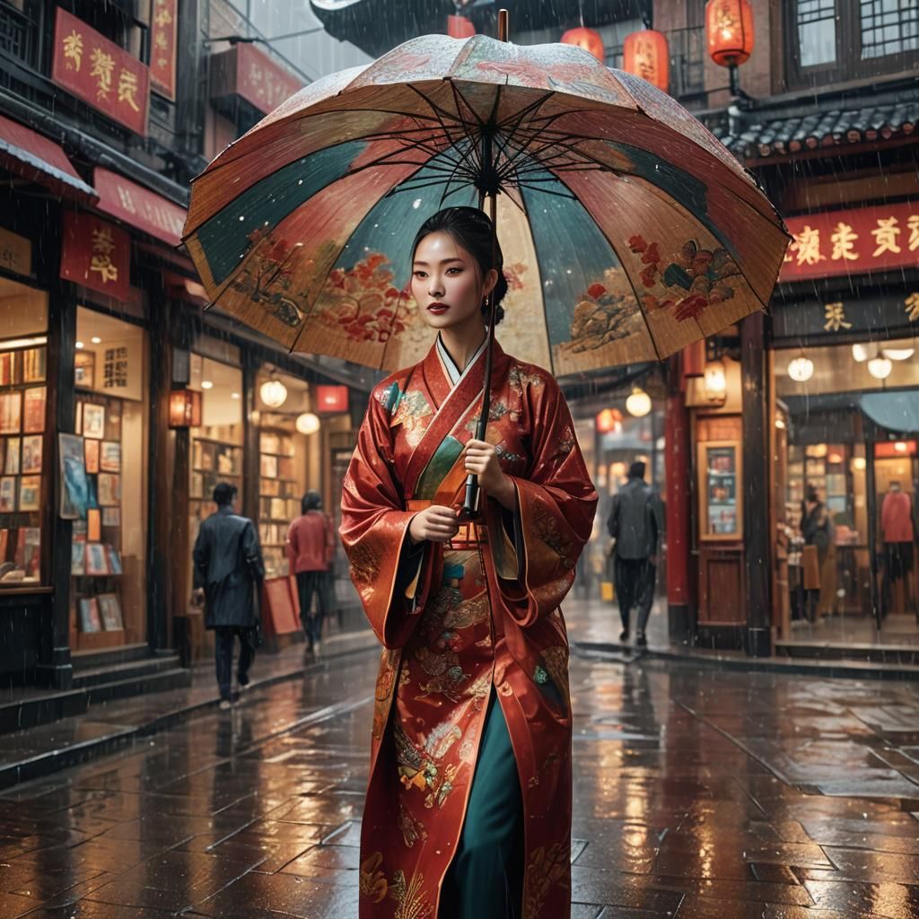 Chinese Model in Rainy Bookstore Scene, Hyperrealistic