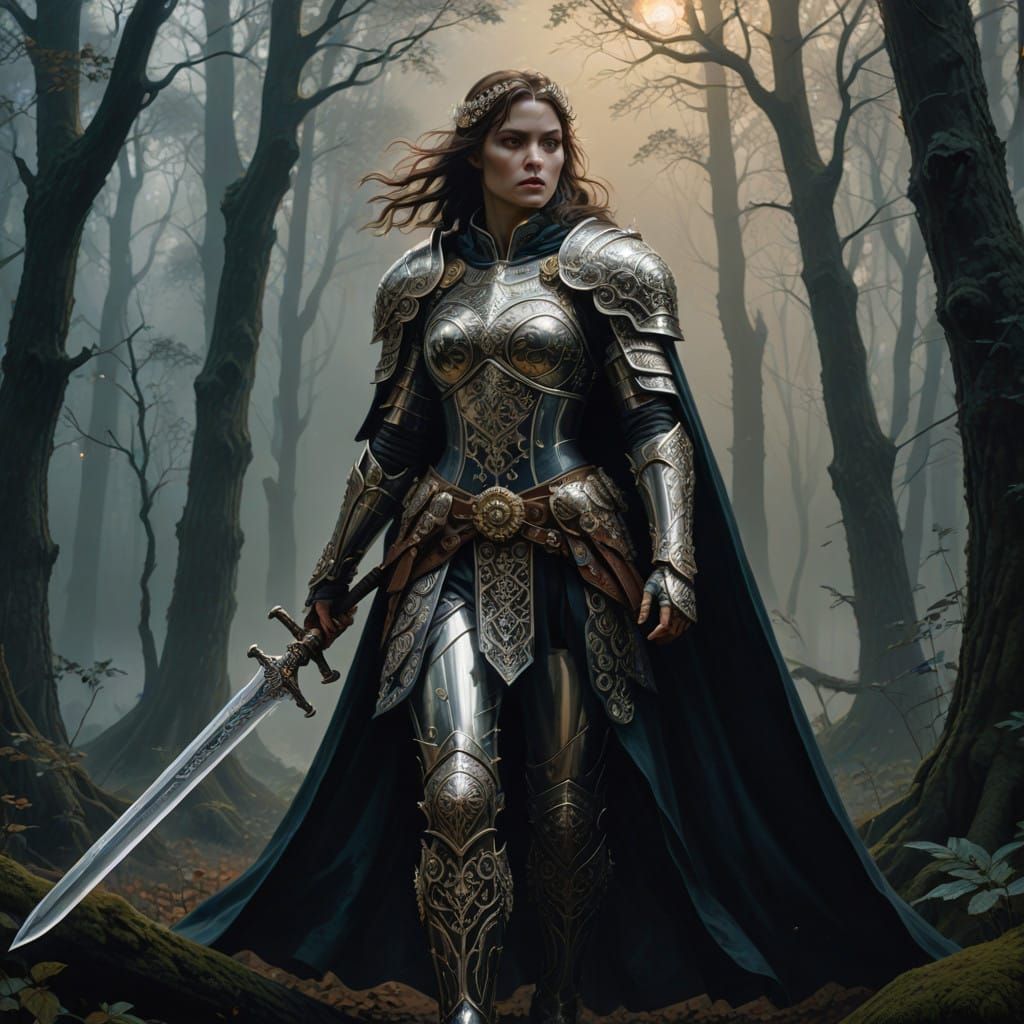 Ethereal Female Knight in Shimmering Armor and Sword