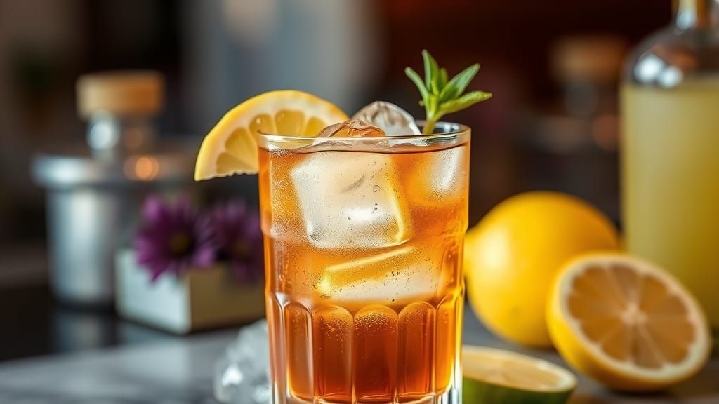 A cocktail drink made up from Rum, Cold tea, Ice and Lemonad...