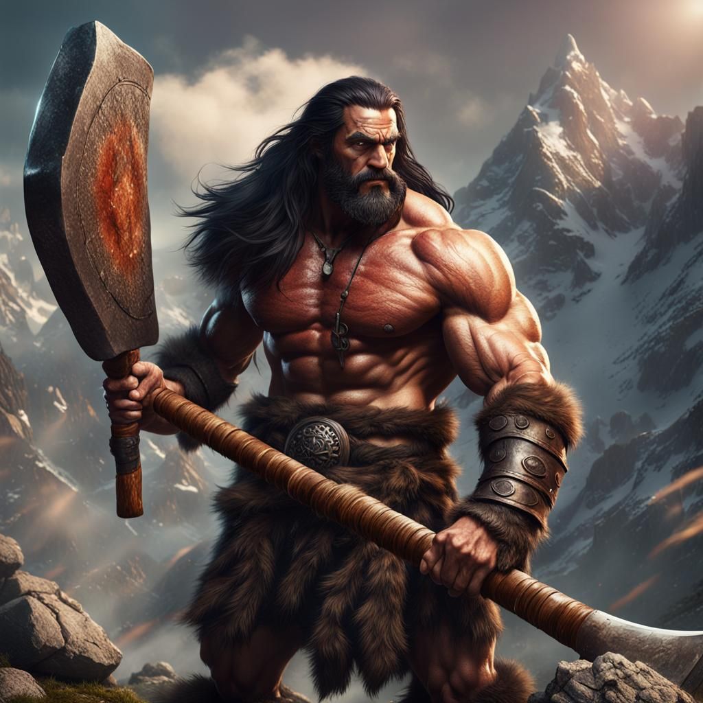 Muscular Barbarian Cuts Sausage in Mountain Landscape