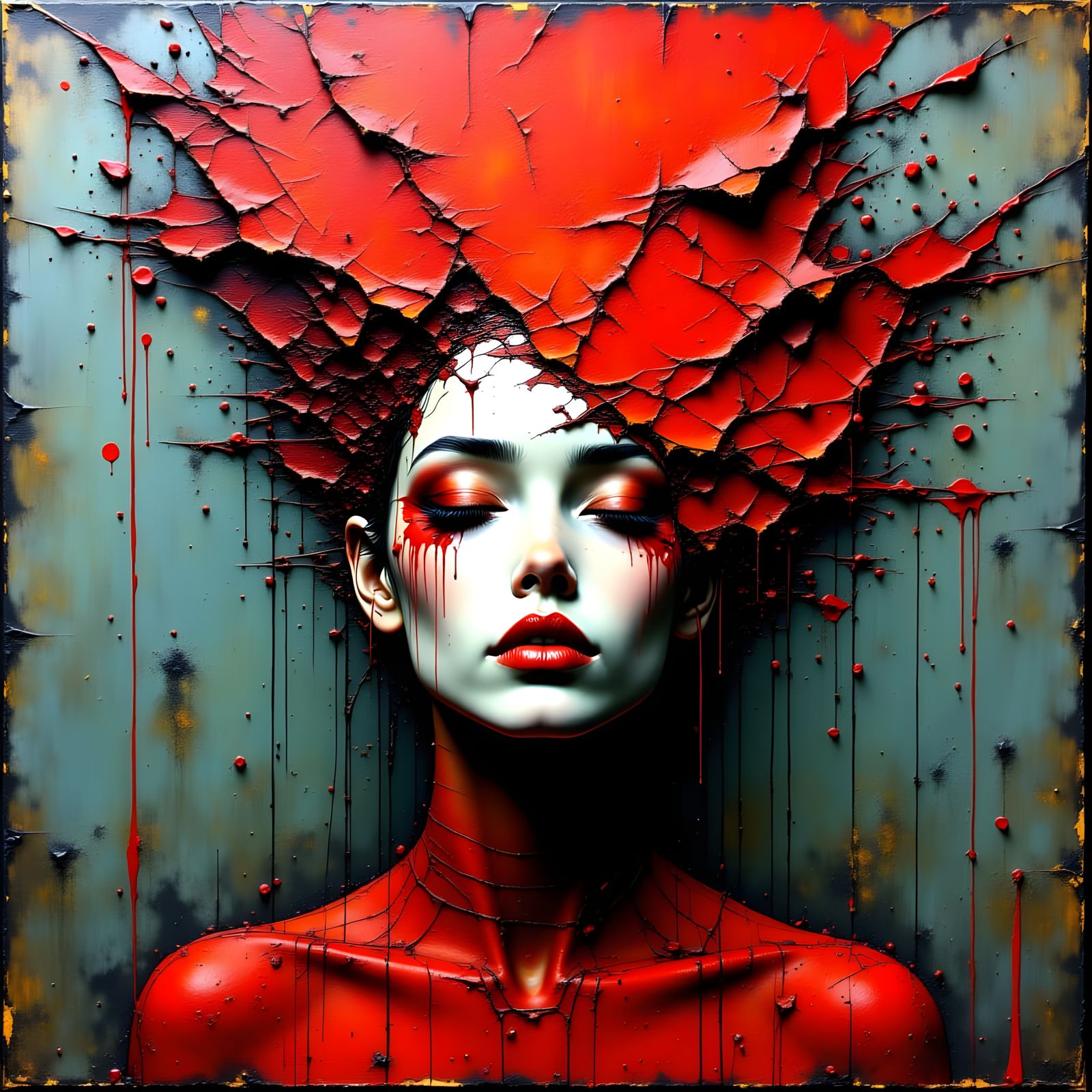 Solemn Woman in Dystopian Impasto Art