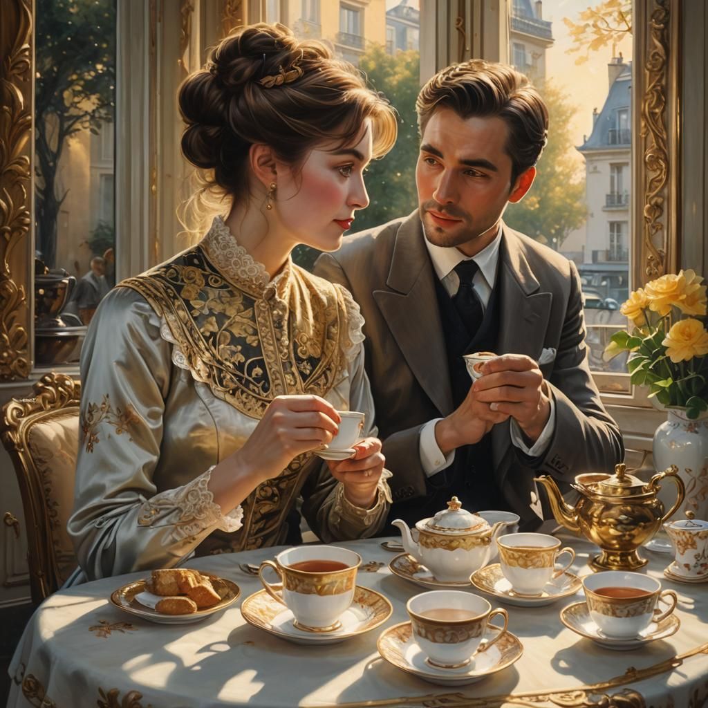 Elegant Couple Enjoying Tea: An Oil Painting
