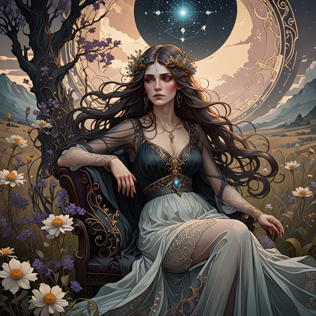 Art Nouveau Witch in Ominous Field, Alphonse Mucha Style