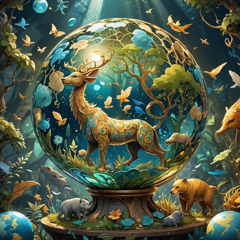 Glowing Pangea Globe with Stylized Animals