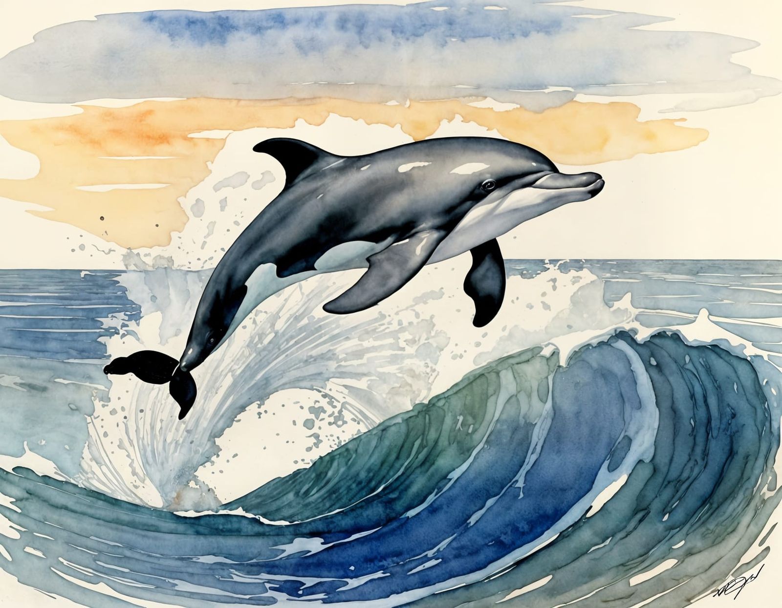 Porpoise Leaps in Moebius Wyeth Watercolor