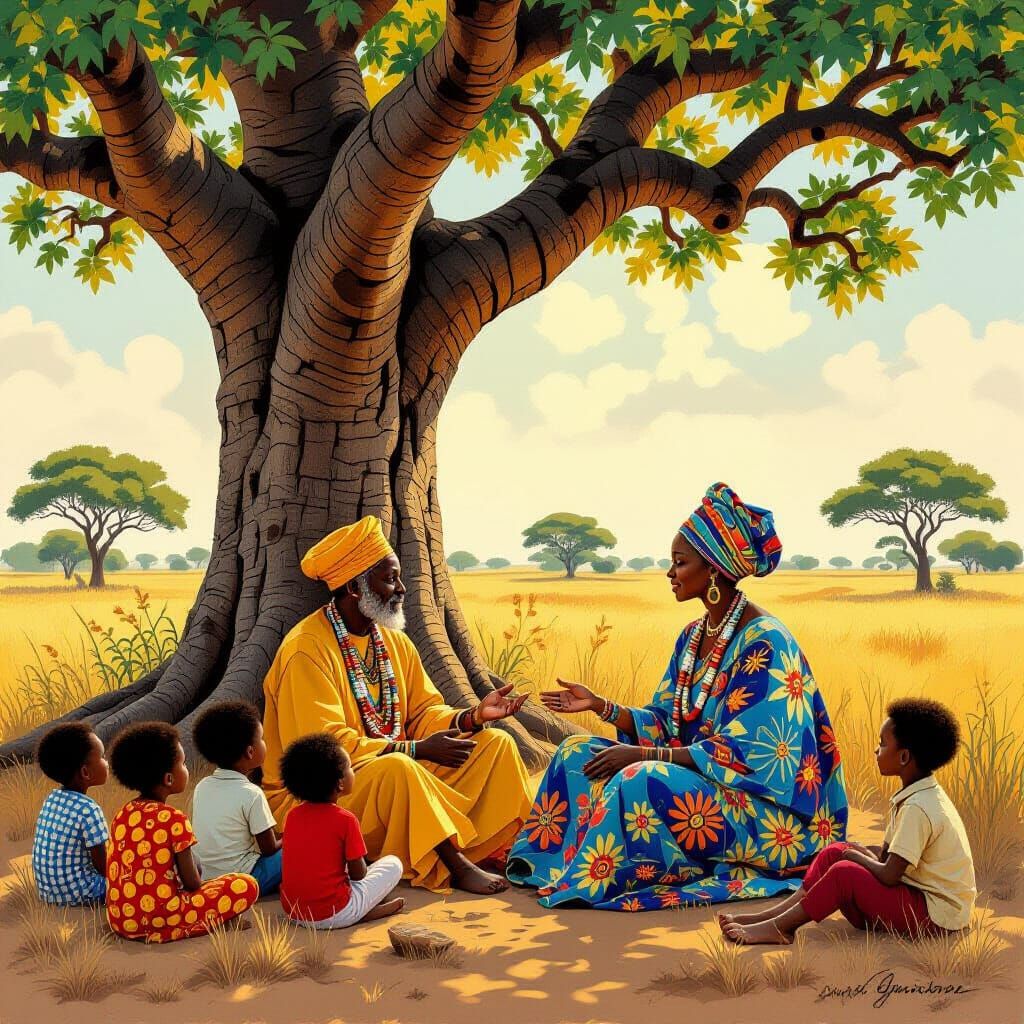 African Storyteller Under Baobab Tree as Collage Art