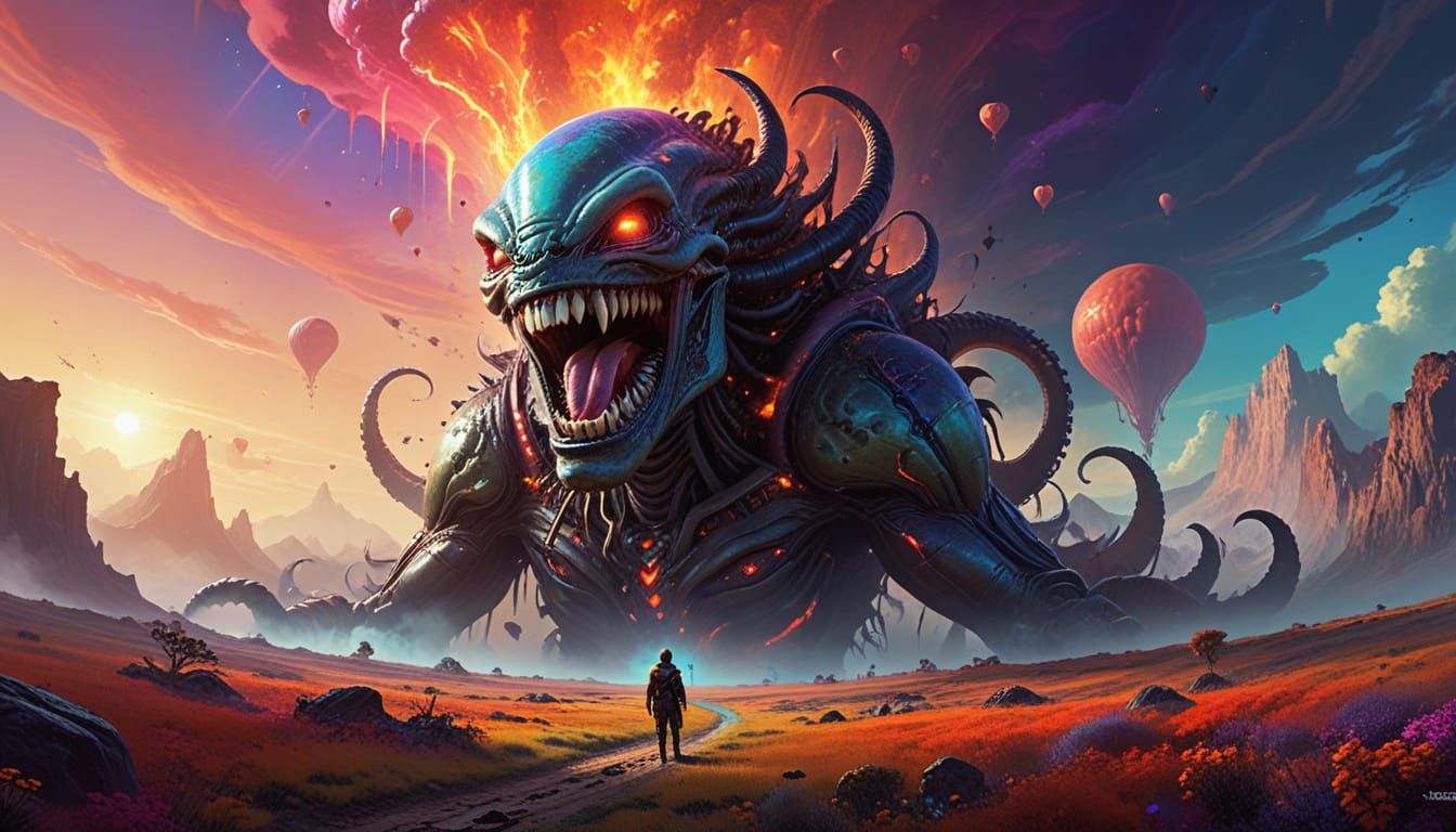 Joyful Giant in Alien Landscape as Surreal Digital Art