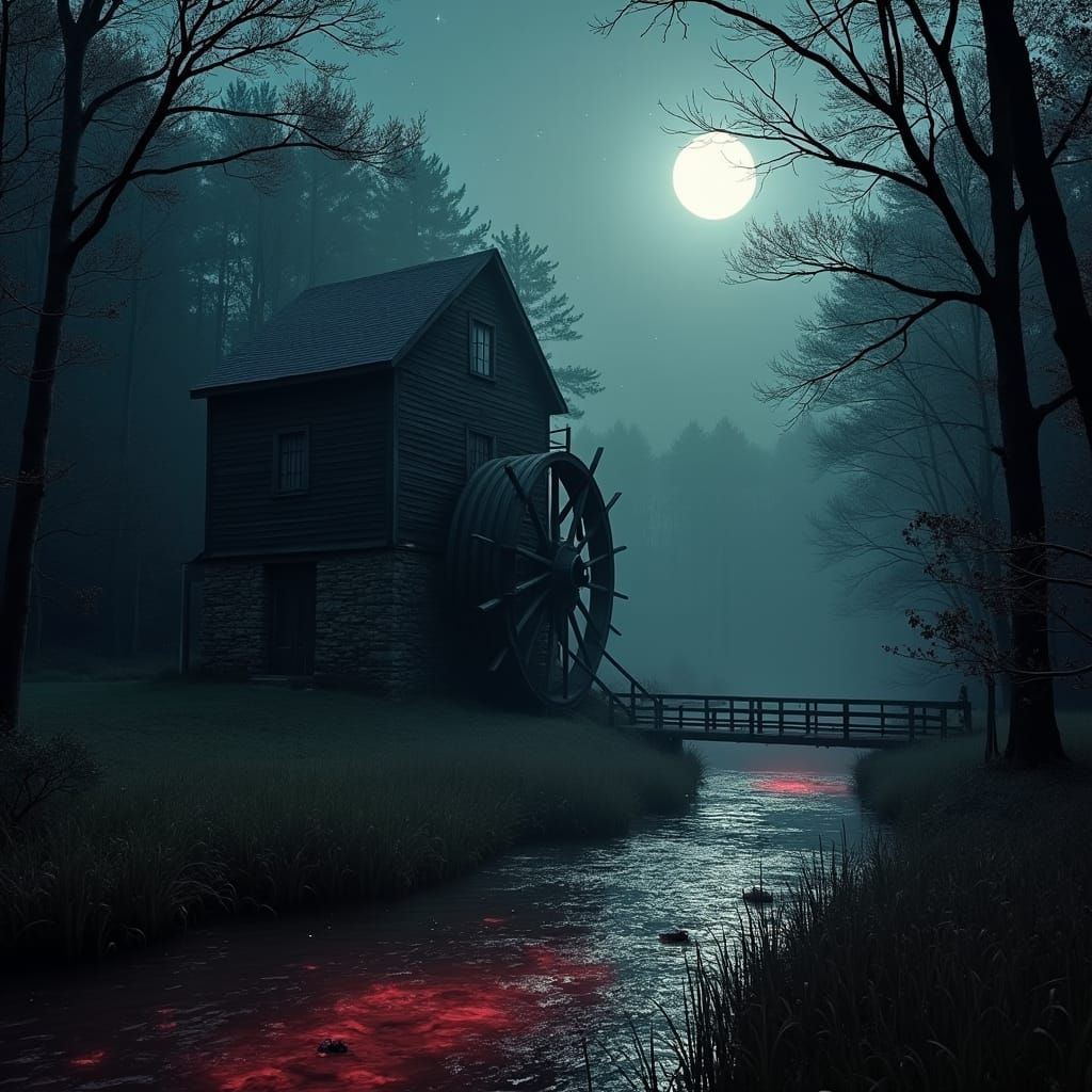 Crimson Stream: Moonlit Mill in a Dark Forest