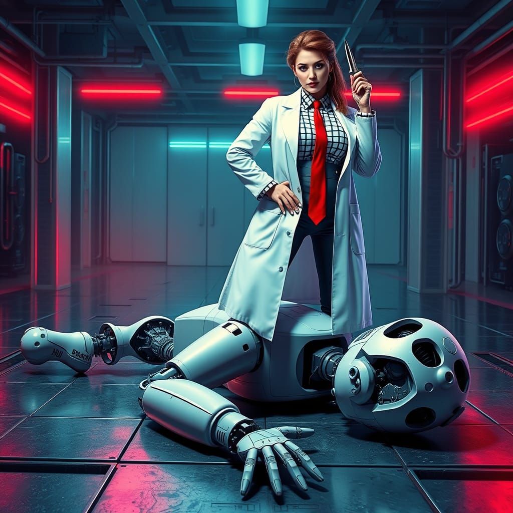 Futuristic Female Doctor Triumphs Over Robot in Neon-Lit Ind...