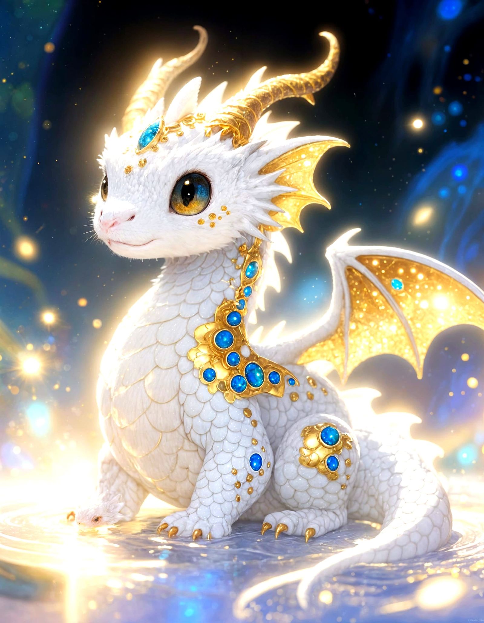 Cute White Dragon with Gold and Blue Speckles