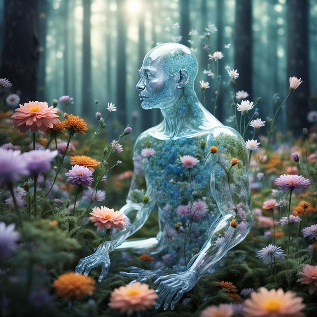 Transparent Glass Man in Magical Flower Forest