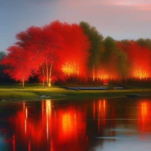Stunning Red Trees Under Red Moon
