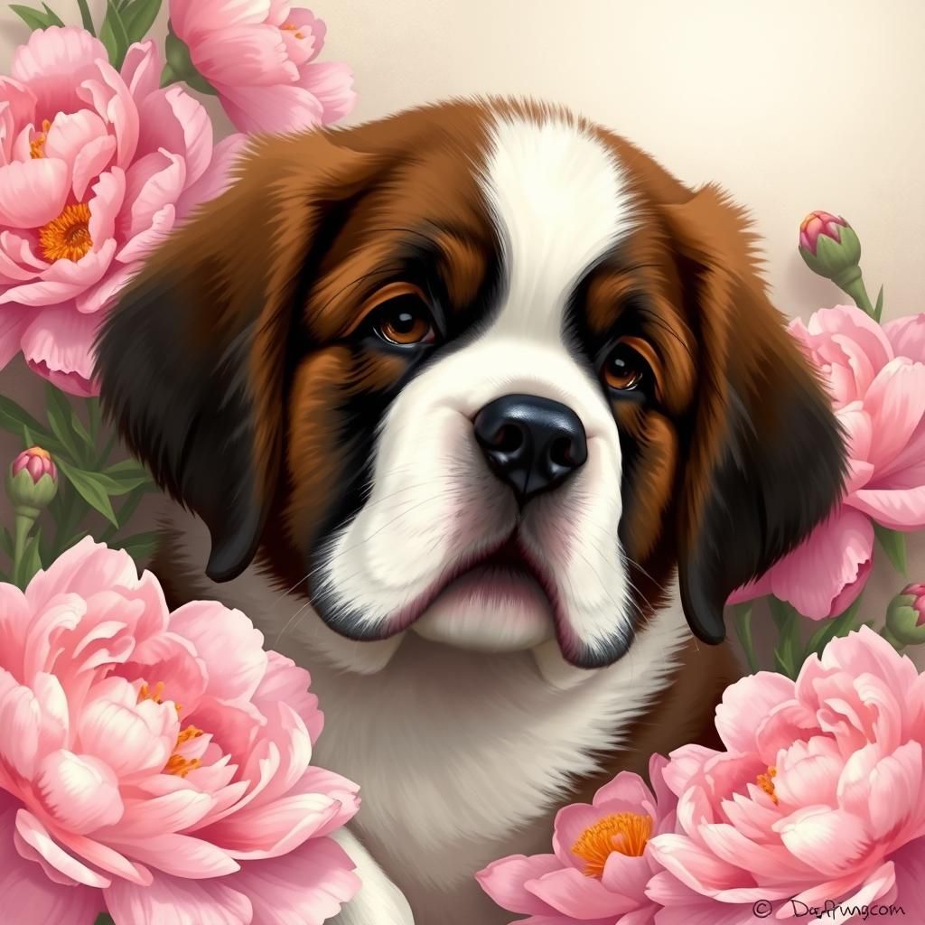 Saint Bernard Puppy in Peonies Art Image