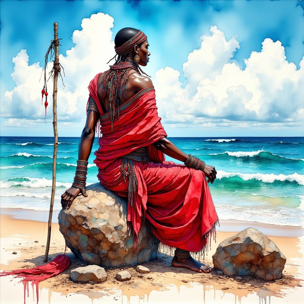 Maasai Warrior at Diani Beach in Red Shúkà