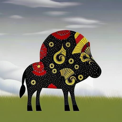 Abstract Sheep in Field, Wayang Kulit Style