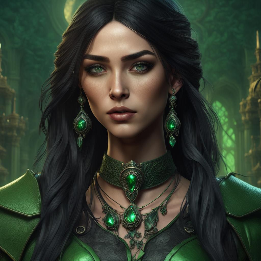 Girl with Green Leather Outfit, Detailed Matte Painting