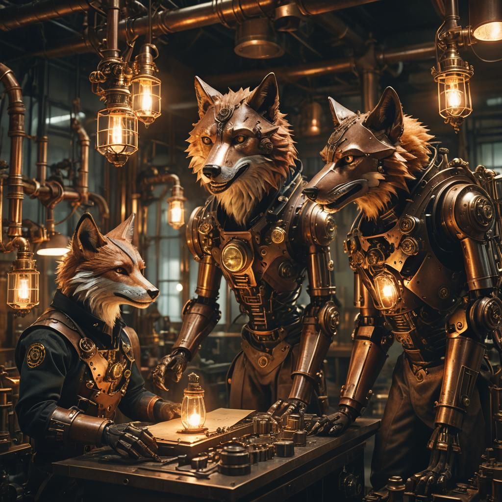 Steampunk Robotic Engineers in Dimly Lit Lab