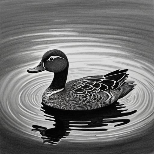 Coloring book Grayscale Cartoon Black  and white  pencil  ink drawing  of Mallard  Duck in pond with cloudy  sunset  in ...