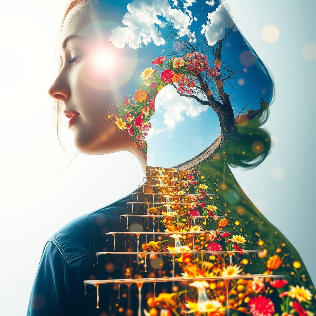 Ethereal Woman Blends Into Floral Staircase, Digital Waterco...