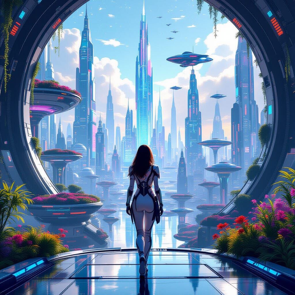 Futuristic Woman in Utopian Metropolis in Digital Art Style