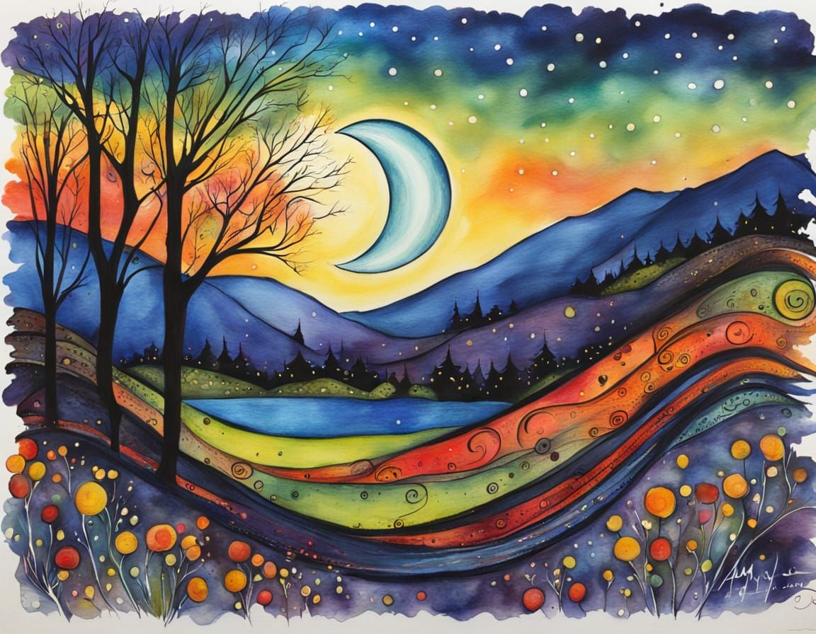 A New Moon Blooms with Whimsical Health and Fitness Symbolis...