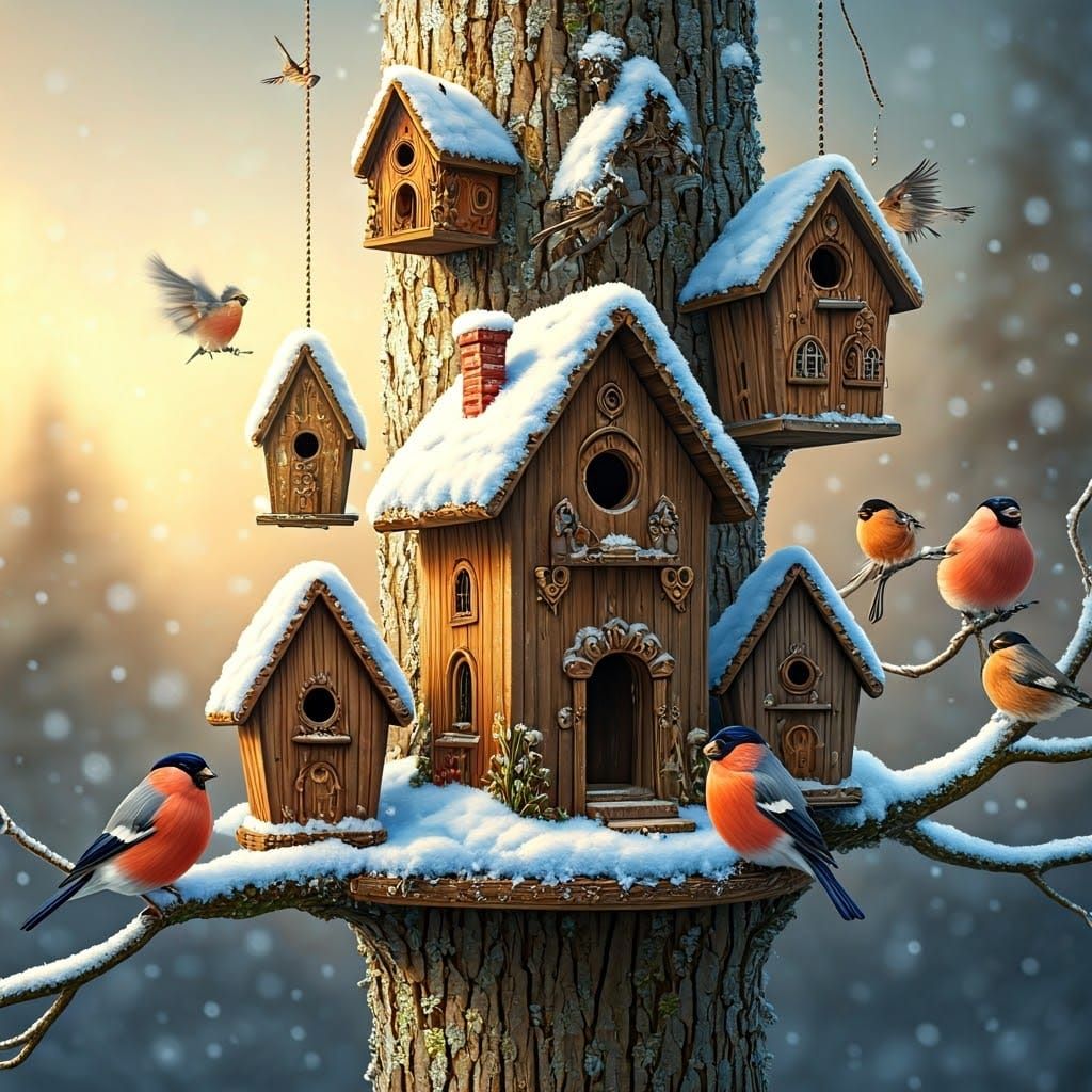 Charming Birdhouse Village in Winter Wonderland
