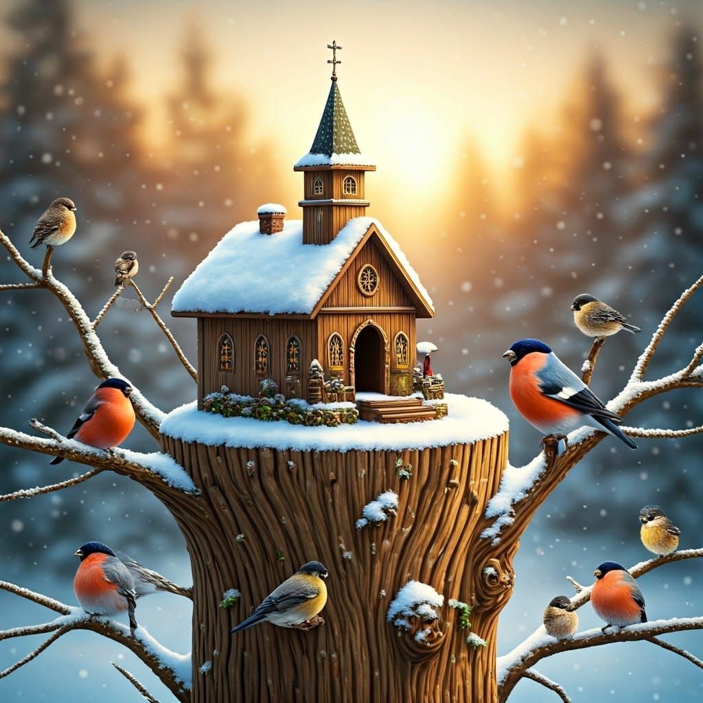 Whimsical Birdhouse Village in Winter Wonderland
