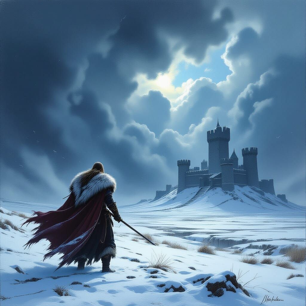 A lone Viking chieftain stands on a windswept, snow-covered ...