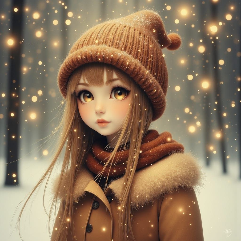 Folk Art Girl in Snowy Winter Scene