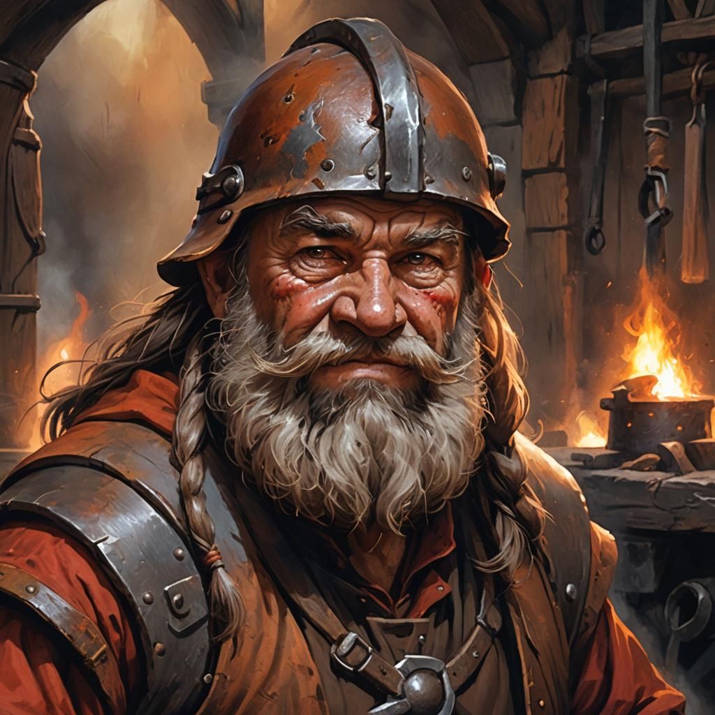 Friendly Dwarf Blacksmith Portrait in Oil Paint