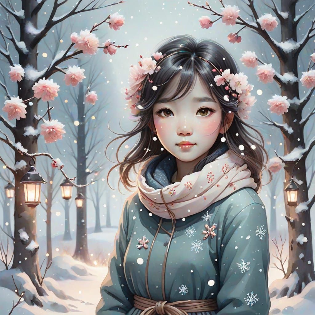 Whimsical Winter Wonderland with Blooming Cherry Blossoms