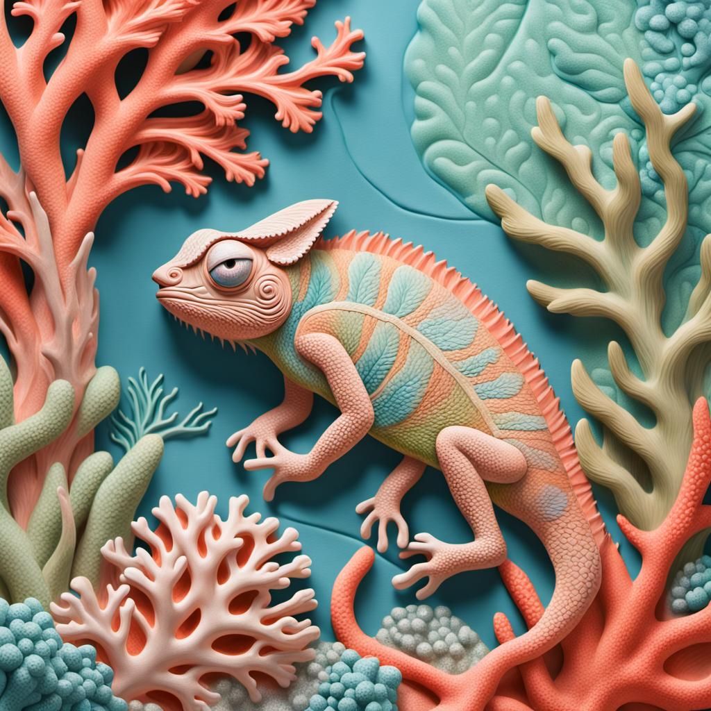 Pastel Chameleon Bas-Relief Sculpture in Coral Reef