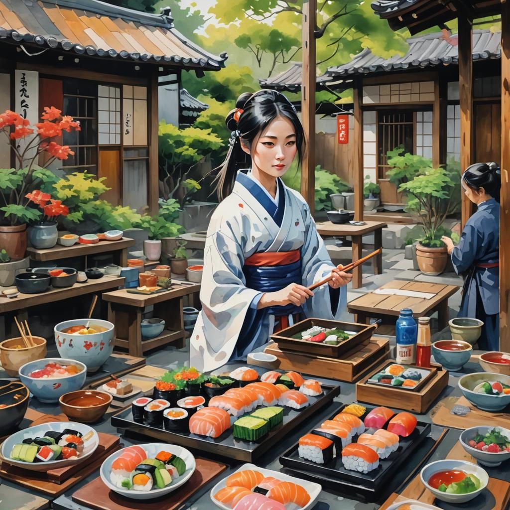 Gourmet Street Sushi by Samurai: Gouache Watercolor Style