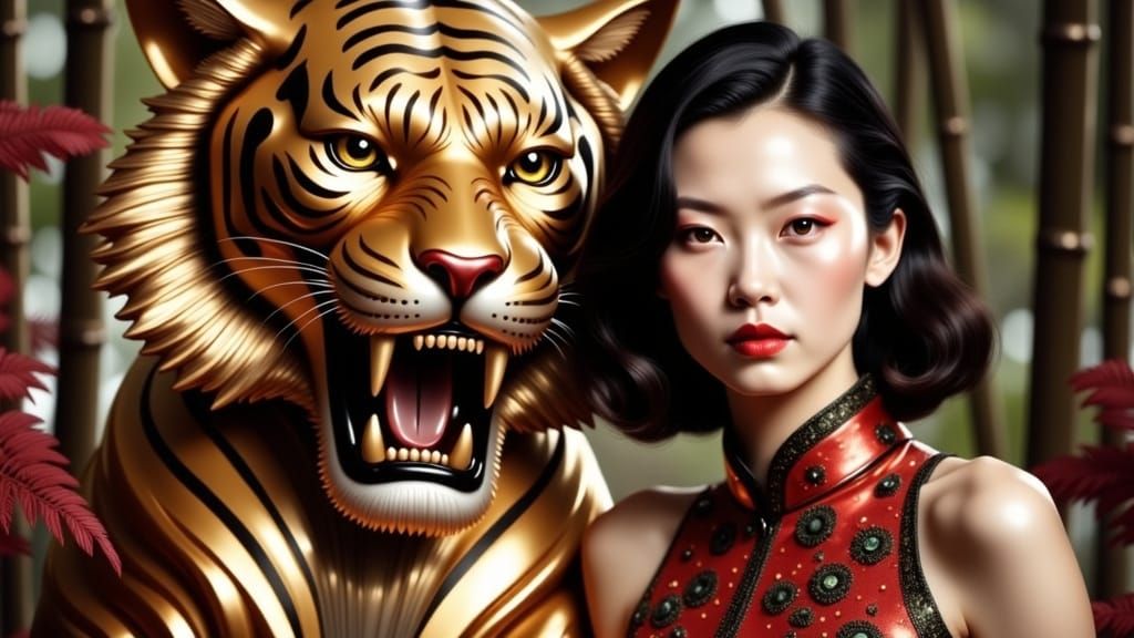 French Woman in Cheongsam with Golden Tiger Sculpture