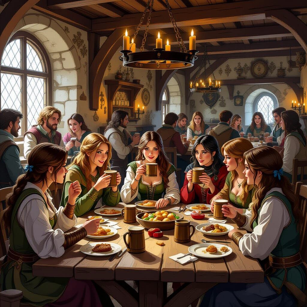 Medieval Tavern Scene: Women Chatting and Dining