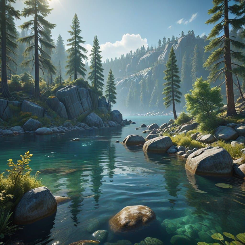 Surreal Lake Tahoe Landscape in Epic 3D Game Art Style