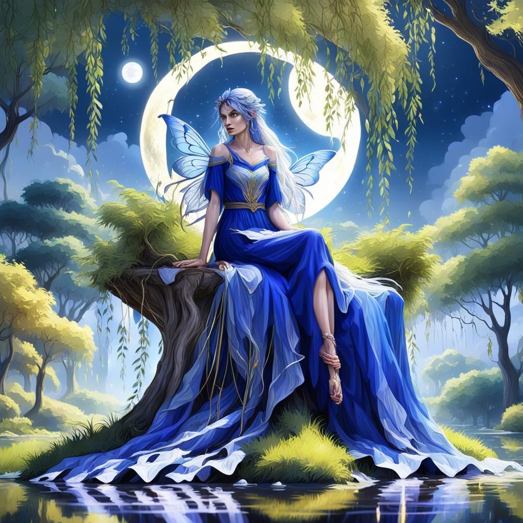 Fairy in Blue Dress Under Willow Tree