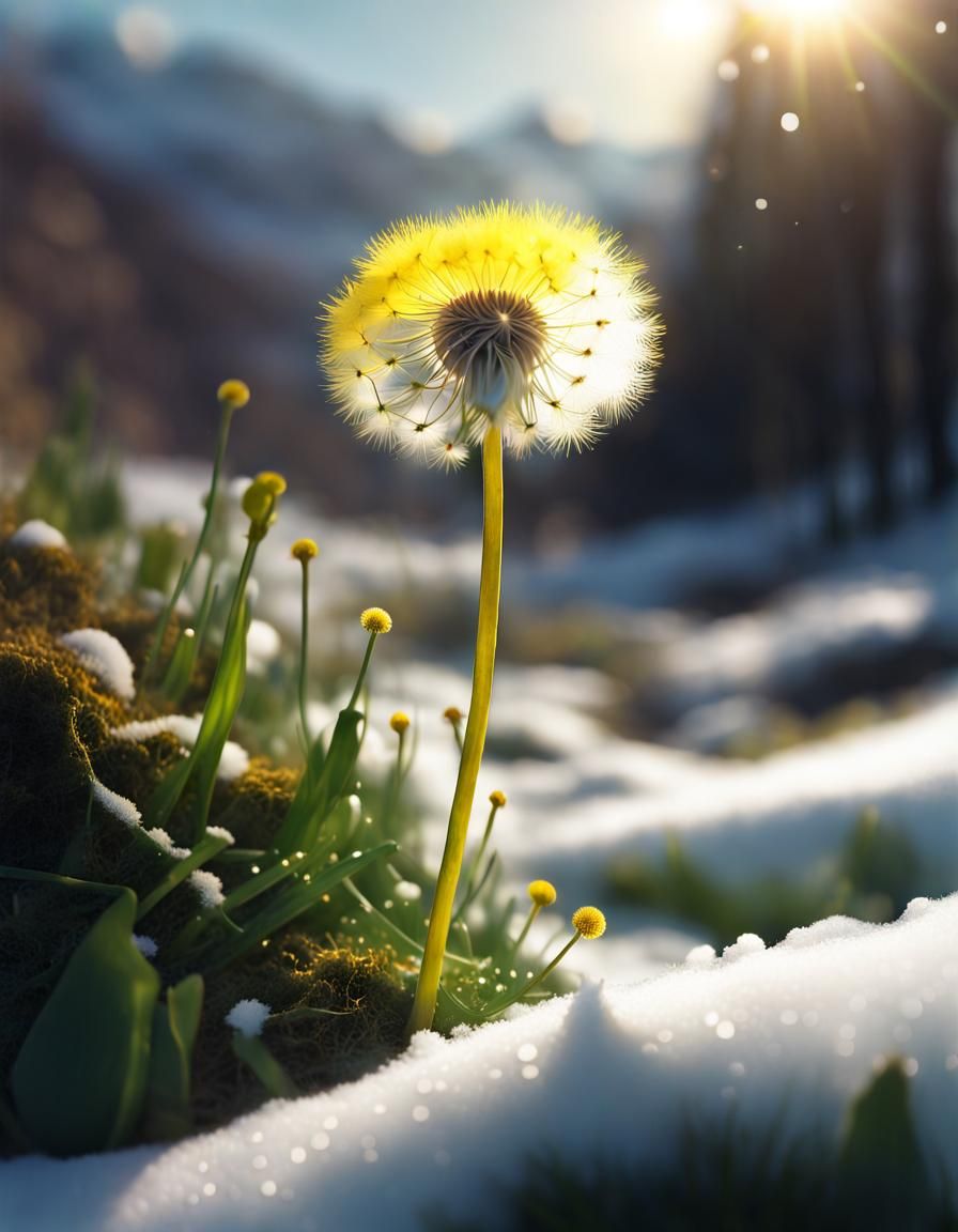 Dandelion in Winter Landscape, Watercolor Style