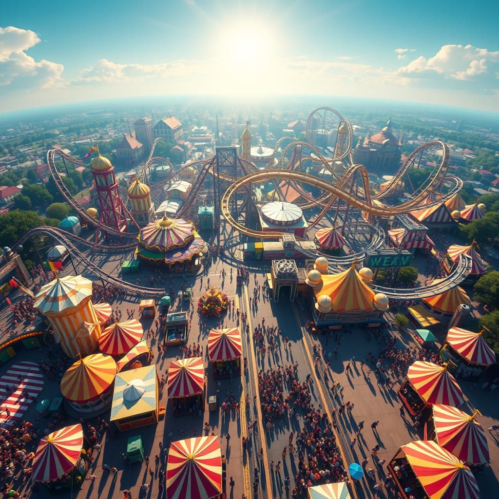 Bird's Eye View of Hyperrealistic Pixar Amusement Park