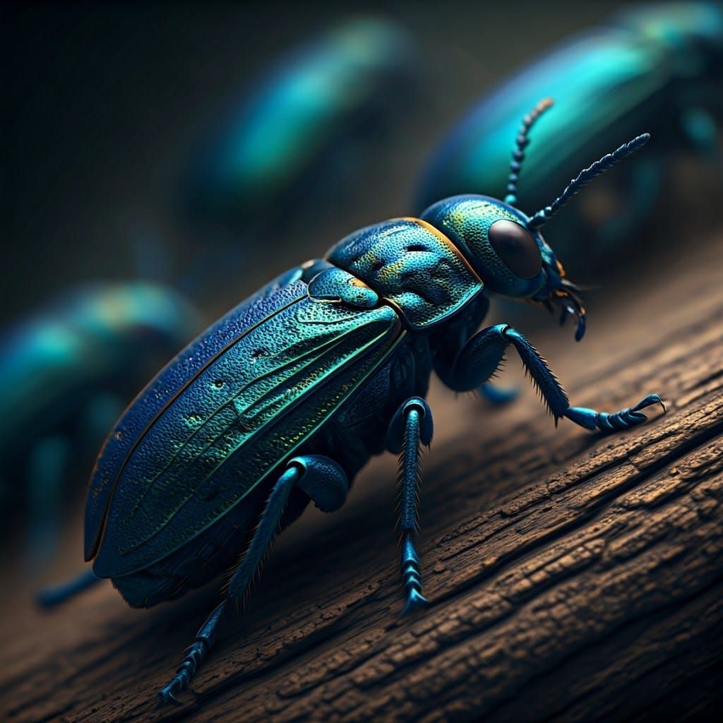 Iridescent Blue Insects in Hyperrealistic Cinematic Style