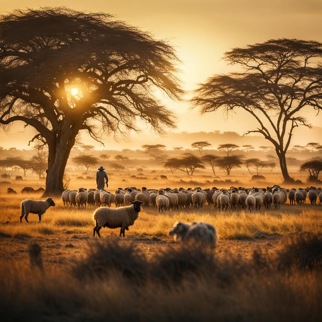 Golden Hour Shepherd in African Savannah
