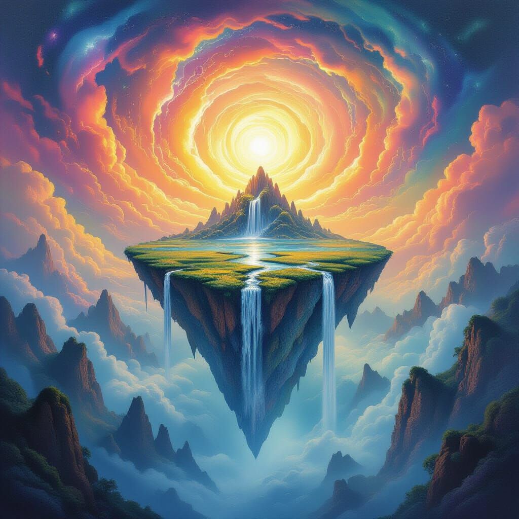 Surreal Floating Island Landscape Painting in Dalí Style