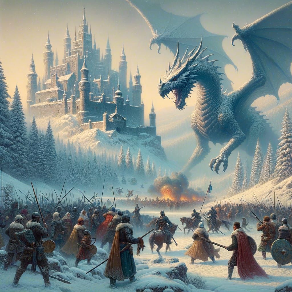 Medieval Winter Soldiers Clash with a Majestic Dragon in a R...