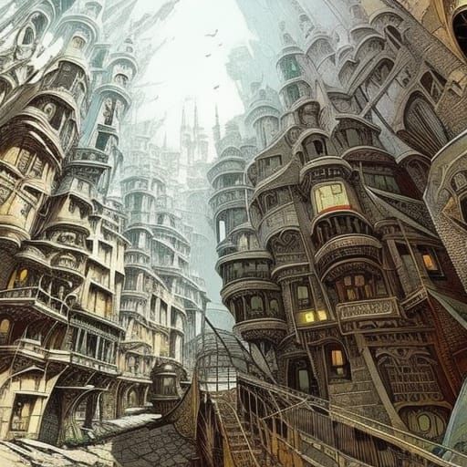 Budapest Castle Quarter: Hyperrealistic Ink Flow Illustratio...