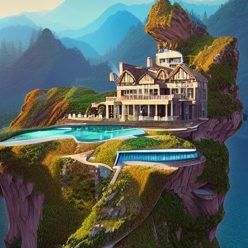 Cliffside Mansion Overlooking Valley in Art Deco Style