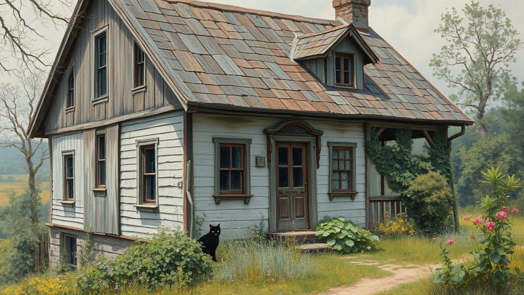 Serene Old House with Black Cat and Overgrown Gardens