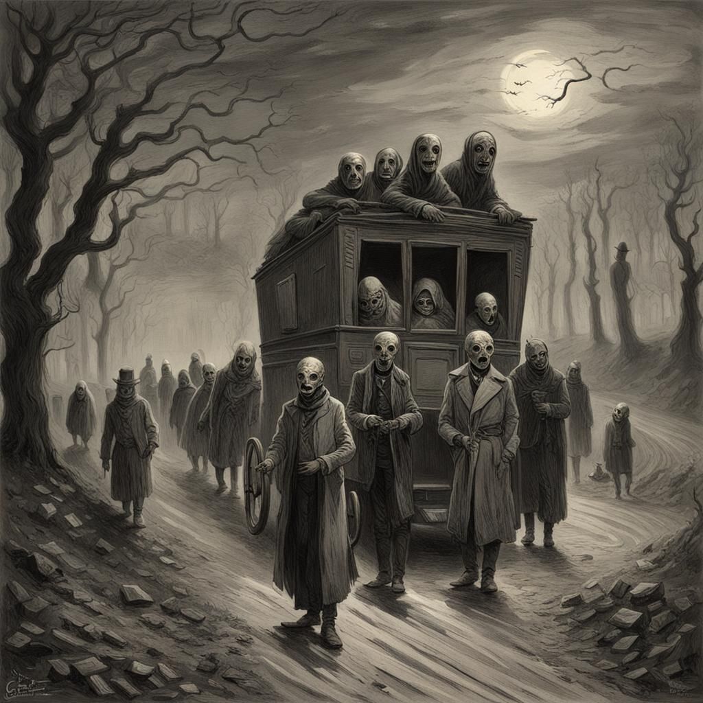 Road caravan creepy horror with people with theater mask in a creepy way