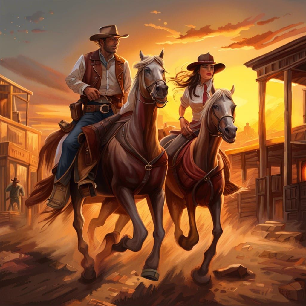 Cowboy and Cowgirl Escape Through Old West Town
